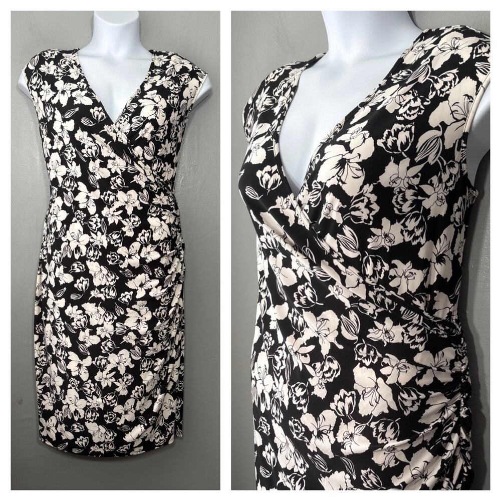 Chaps Dress Size XL Black White Floral Sleeveless Faux Wrap Stretch Chic Preppy